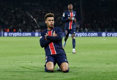 Paris St Germain’s Désiré Doué celebrates scoring their first goal
