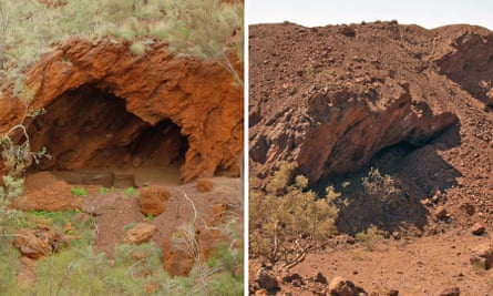 Before and after composite showing part of the Juukan Gorge site that was destroyed by Rio Tinto in May 2020