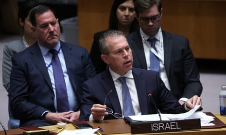 Israel’s ambassador to the UN, Gilad Erdan, addresses the UN security council  