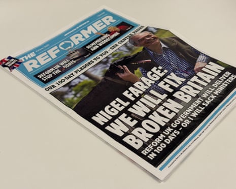Autumn edition of the Reformer newspaper showing front page with pale blue masthead, a picture of Nigel Farage with a black labrador, and the headline: Nigel Farage: We will fix broken Britain.