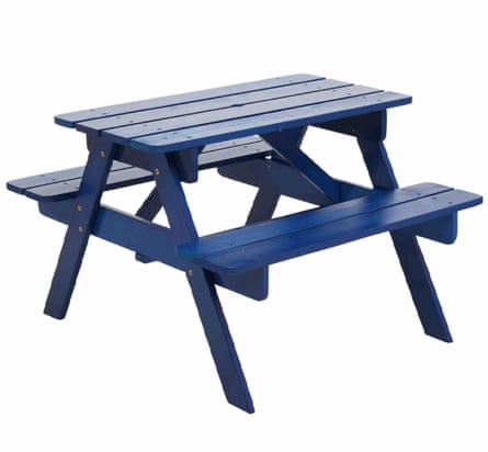 A picnic table with a bench attached on both sides. The whole frame is blue.