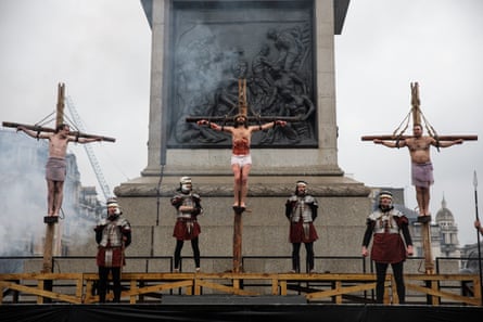 The Wintershall players performing the crucifixion scene from The Passion of Jesus in front of Nelson’s Column, Trafalgar Square, London, 2018.
