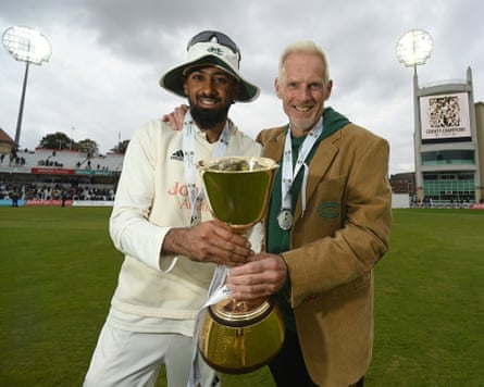 Nottinghamshire captain Haseeb Hameed (left) and head coach Peter Moores with the County Championship trophy.