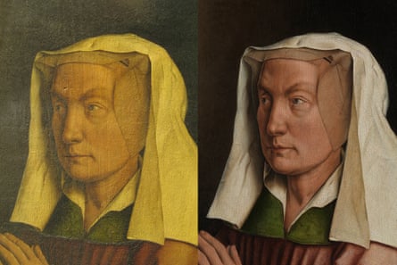 Detail of the Ghent Altarpiece before (left) and after restoration.