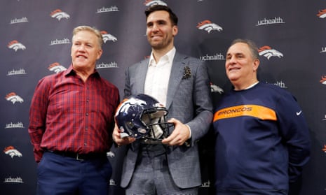 John Elway with his latest underwhelming quarterback acquisition, Joe Flacco, and Denver head coach Vic Fangio