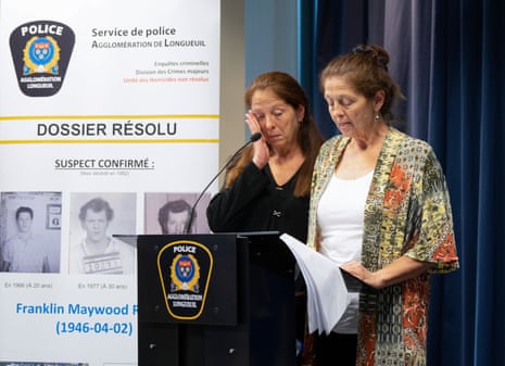 Moreen, left, and Doreen Prior speak about their sister Sharron during a press conference on 23 May 2023 in Longueuil, Quebec.