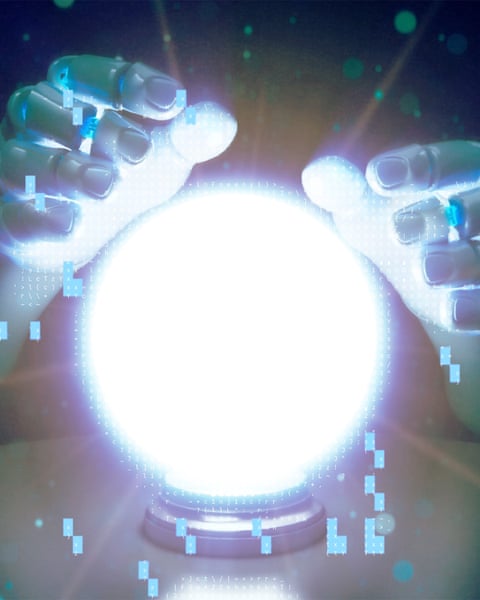 Two robotic hands reach toward a glowing crystal ball with digital code symbols floating around it