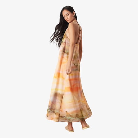 ASOS DESIGN halter neck maxidress with bead detailing in washed sunset print