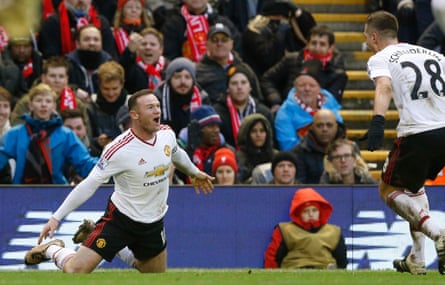 Wayne Rooney celebrates with Morgan Schneiderlin after scoring the only goal of the game at Anfield in January 2016.