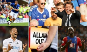 A composite of Everton’s new signing Ashley Williams, Chelsea manager Antonio Conte, Crystal Palace’s Christian Benteke, a Hull City fan holding a protest sign, Swansea City’s Gylfi Sigurdsson.