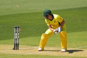 Aaron Finch of Australia is bowled by Dwaine Pretorius of South Africa during game two of the One Day International series between Australia and South Africa at Adelaide Oval.