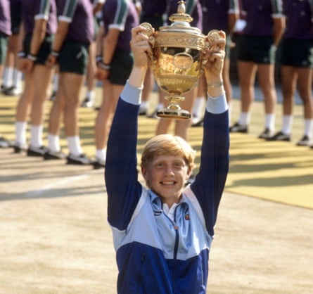 Boris Becker with the Wimbledon trophy after his 1985 triumph, aged 17