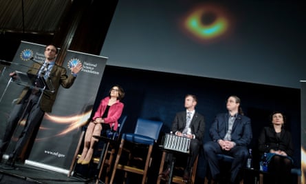 Shep Doeleman (left) revealing the first ever picture of a black hole at a press conference in Washington in April.