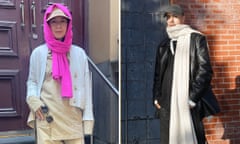Composite image of Raquel Boedo with a pink scarf wrapped over her head and Jordan Turner wearing a scarf reaching below his knees