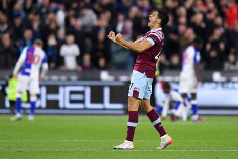 Arsenal v Brighton, Nottingham Forest v Tottenham: Carabao Cup – live | Carabao Cup 1 West Ham United's Nayef Aguerd celebrates his side's second goal scored by Michail Antonio.