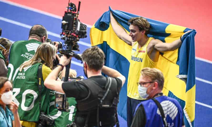 Swedish pole vaulter Mondo Duplantis celebrates after winning the final of the pole vault event on the third and last day of the World Athletics Indoor.