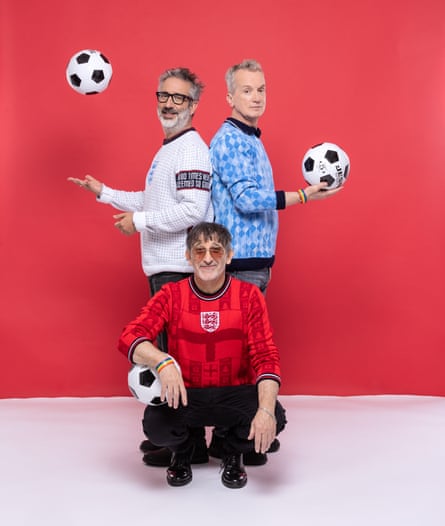 Baddiel, Skinner and Broudie. Jumpers from notjustclothing.co.uk and grooming by Estelle Horder.