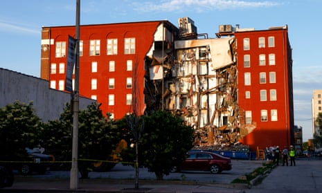 Emergency crews work the scene of a partial building collapse on Sunday, 28 May 2023 in Davenport, Iowa. 