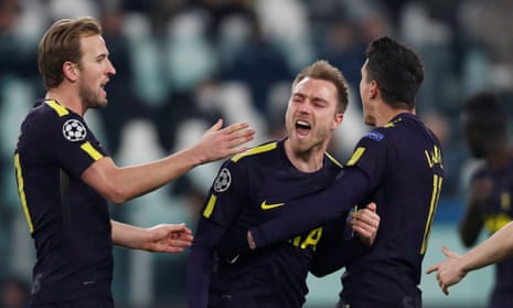Christian Eriksen celebrates with Harry Kane and Érik Lamela after drilling in Tottenham’s equaliser from a free-kick in a dramatic first leg at Juventus.