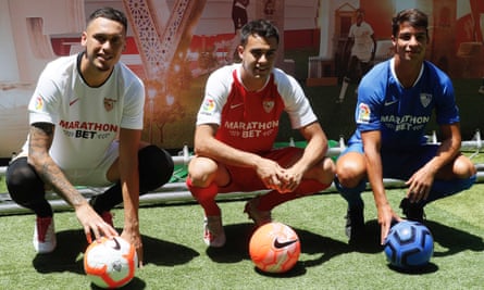 Left to right: new Sevilla signings Lucas Ocampos, Sergio Reguilon and Óliver Torres.