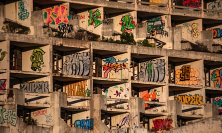 Graffiti covers walls of disused hotel