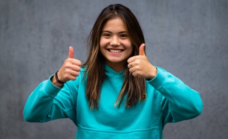Emma Raducanu gives a double thumbs-up at a media session in Stuttgart in April 2023.