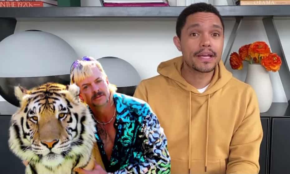 Trevor Noah: Joe Exotic is like Trump in that he’s “self-absorbed, he’s disorganized, he’s obsessed with conspiracy theories. “But maybe the most presidential thing about Joe Exotic is that he loves portraying himself as an expert in his field, when the truth is, he has no idea what he’s talking about.”