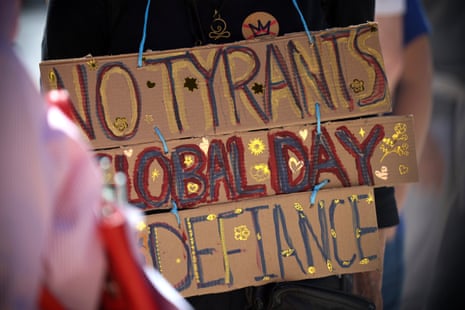People attend a No Kings rally in Porto, Portugal, on Saturday.