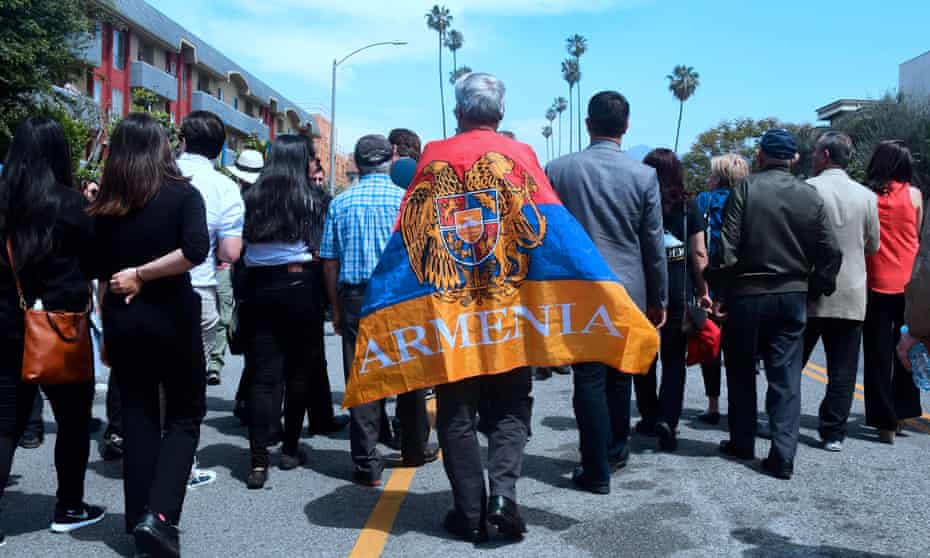 Armenian Americans march to demand recognition by Turkey of Armenian genocide in the Little Armenia neighborhood of Hollywood, California, on 24 April 2018. 