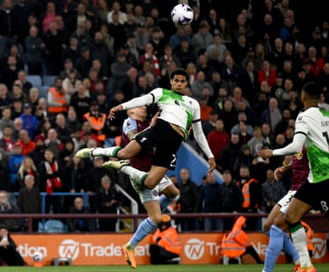 Liverpool’s Jarell Quansah scores their third goal at Aston Villa.