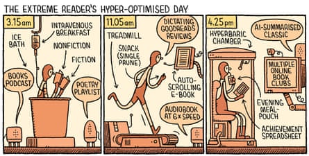 Comic strip “The Extreme Reader’s Hyper-Optimised Day” shows nonstop reading via ice bath and treadmill