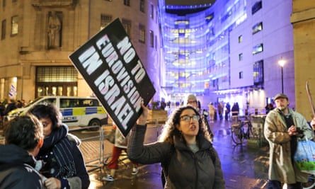 Protesters outside BBC Broadcasting House demonstrate against the 2019 Eurovision song contest being held in Israel, 8 February 2019