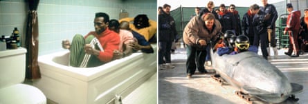 Leon Robinson & Doug E Doug (left) and John Candy (right) pictured in stills from the film Cool Runnings.