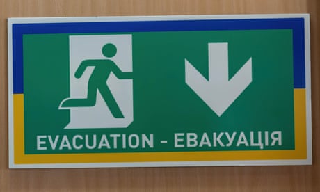 A sign in Ukrainian on board a ferry used to transport Ukrainian refugees, in Marseilles, France.