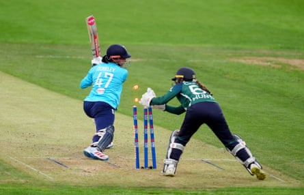 The Ireland wicketkeeper takes off Sophia Dunkley’s bails