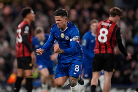 Chelsea's Enzo Fernández celebrates scoring their side's second goal of the game against Bournemouth.