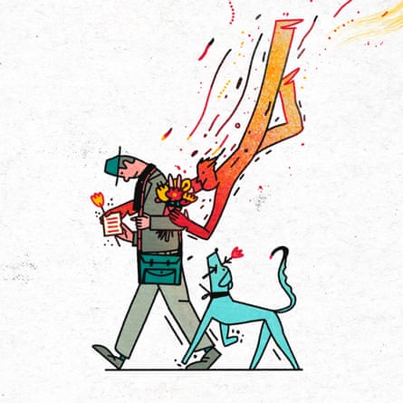 An illustration of a man walking with his head down and a fairy-like creature flying above him and placing a bunch of flowers in his arms and a single flower in his other hand. A dog is looking up with a flower between its teeth