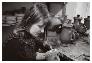 Hermia Boyd decorating pots, Islington, London, 1964