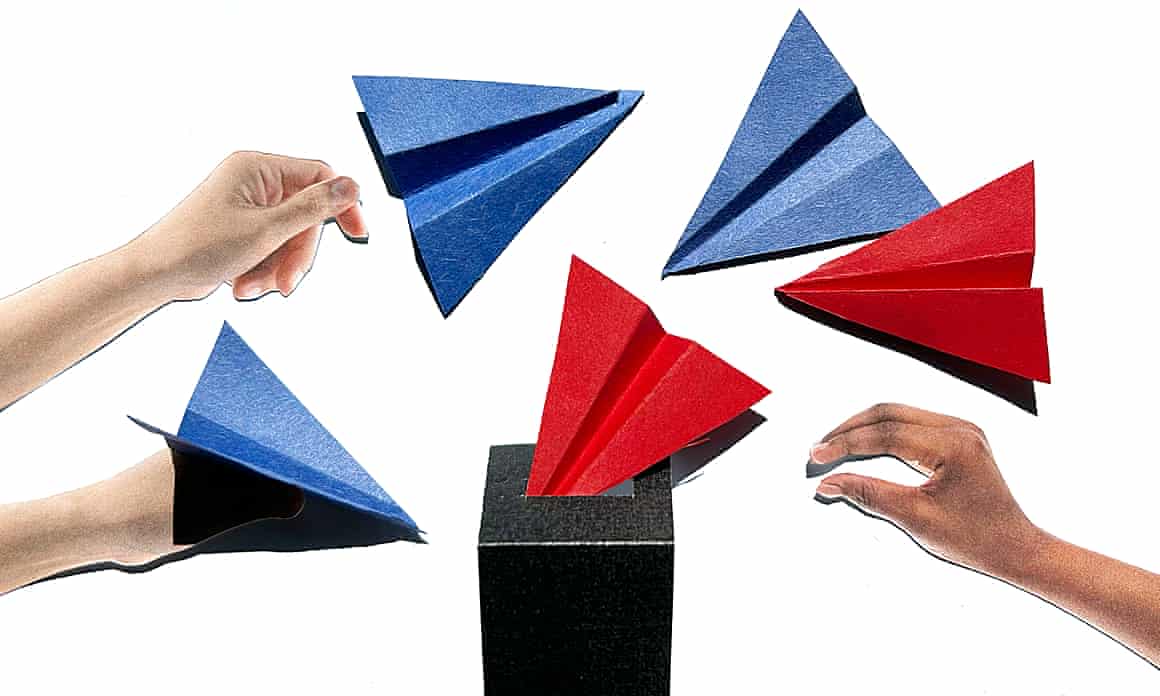 An illustration of ballot papers moving around a ballot box