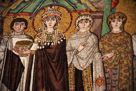 Byzantine mosaic in the Basilica of San Vitale, Ravenna, depicting an empress with her chaplain and court ladies