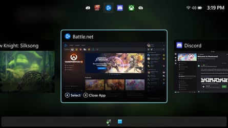 The ROG Xbox Ally X user interface switching between different applications.