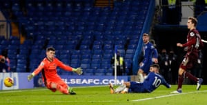 Christian Pulisic of Chelsea scores his team's third goal.