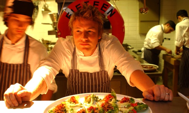 Chef Jamie Oliver in the kitchen during the launch of his restaurant Fifteen in London’s Old Street