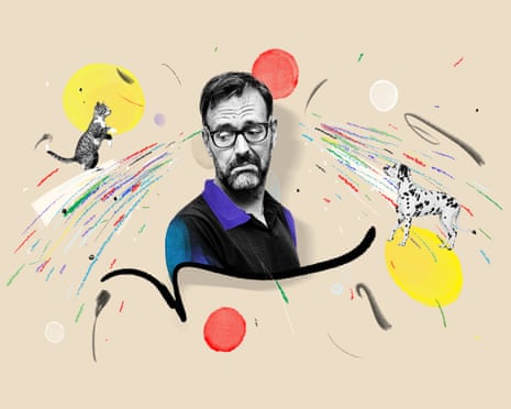 An illustration of a cat and a dog either side of a photograph cutout of Tim Dowling, in front of a background of different coloured circles and pen strokes