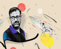 A black and white cutout image of Tim Dowling on a beige background, surrounded by animals, primary coloured paint blobs and squiggles