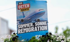 An electoral poster states ‘Summer, Sun, Remigration’ below a plane named ‘Deportation Airline’