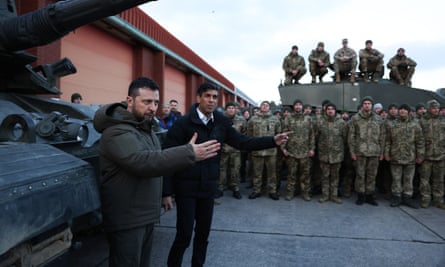 Zelenskiy and Sunak met tank crews from Ukraine’s armed forces who are being trained to use Challenger 2 main battle tanks by members of the British army at Lulworth Camp.