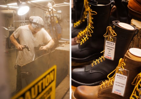 Composite of two images, one of a worker holding a hammer and a boot and wearing safety goggles and a baseball cap backwards, and the other of a row of new boots on a shelf.
