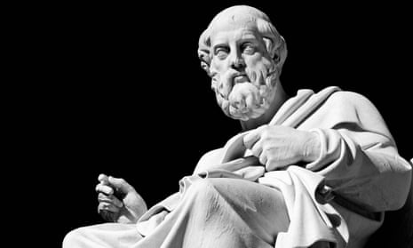 Marble statue of the ancient greek philosopher Plato in front of Academia- Athens, Greece. 