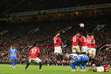 Brighton’s Danny Welbeck scores with a free-kick against Manchester United at Old Trafford.